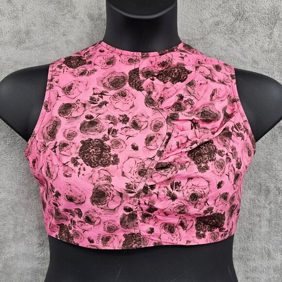 Ganni Cropped Top 36 4 Pink Black Floral Poplin Organic Cotton Logo Self Tie New - Picture 1 of 15